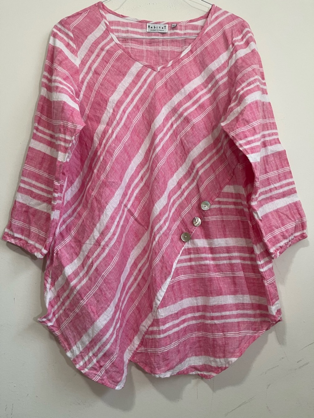 Habitat 100% Linen Tunic Top Sz L Pink White Striped Asymmetrical Hem Coastal